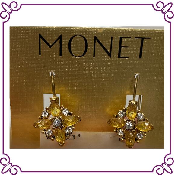 Vintage Monet Goldtone Earings with Amber and Diamond Like Stones NEW - Picture 1 of 6
